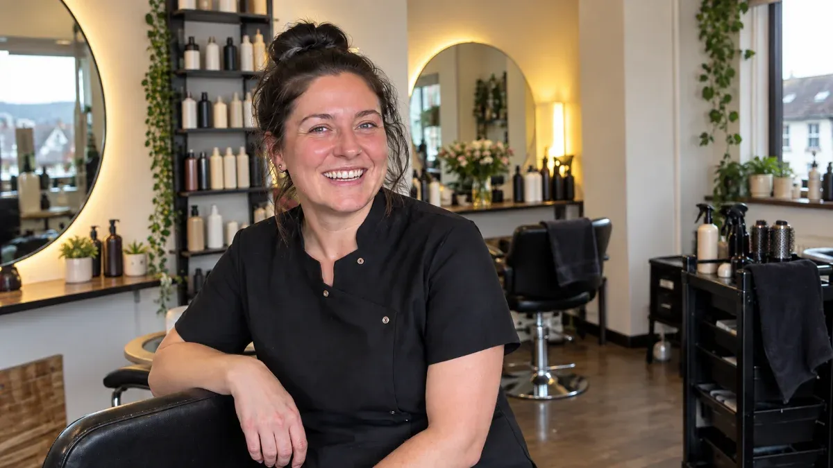 A hairdresser smiling in their salon, leaning on a styling chair