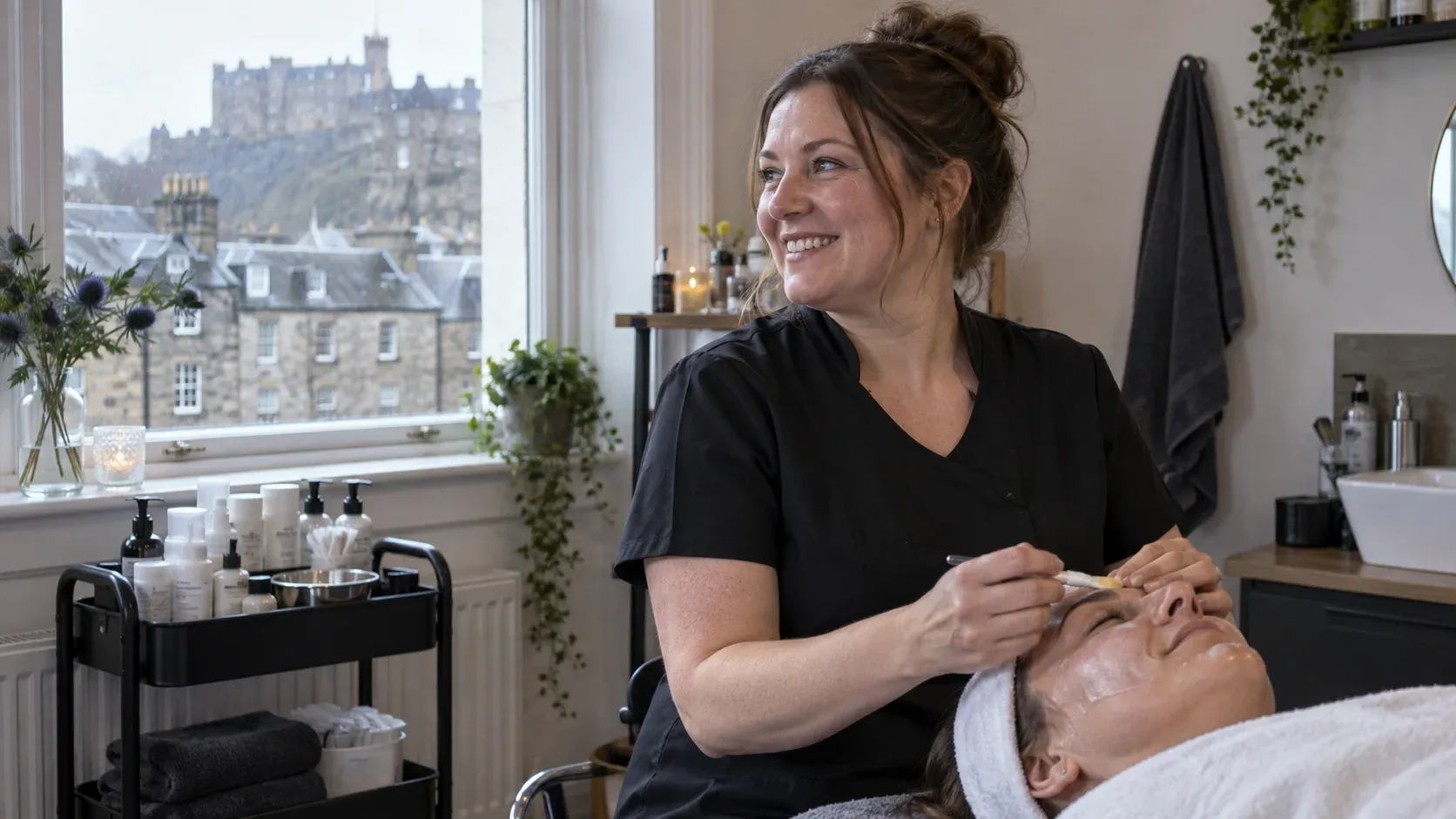 A beautician giving a facial in a salon with Edinburgh Castle in the window