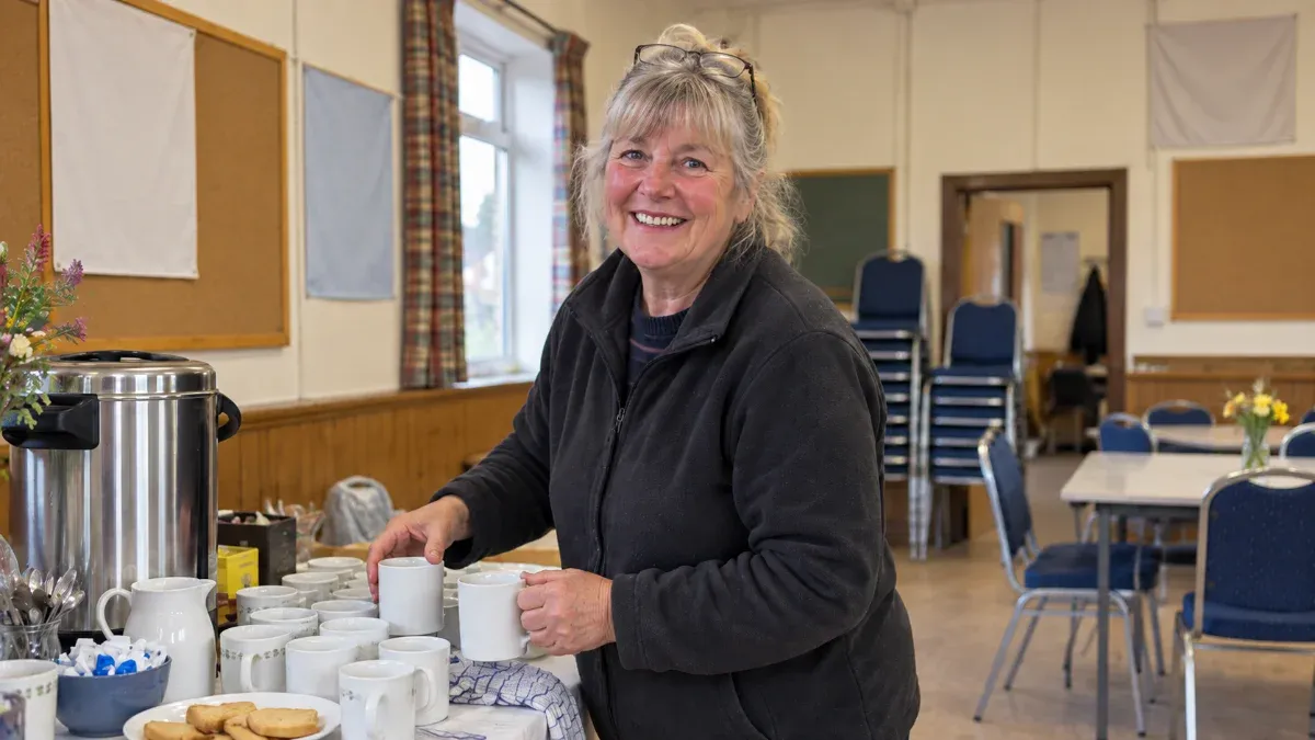 Someone setting out cups for tea in a community hall