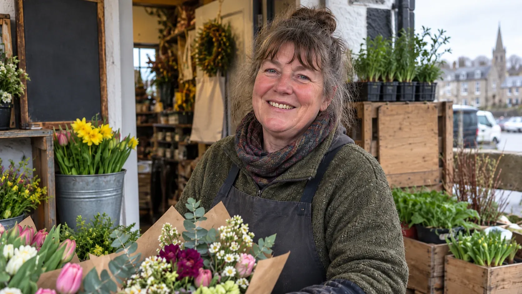 A florist smiling outside their shop, holding bouquets among buckets of daffodils